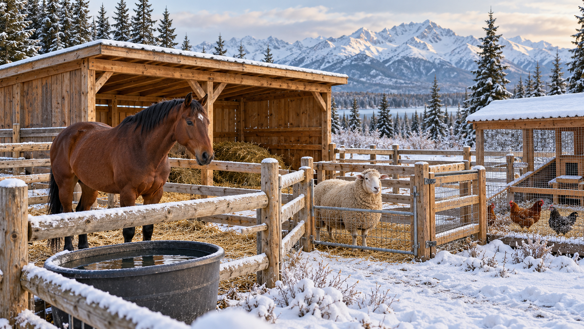 Illustration of a horse, sheep, and hens in snowy farm pens with shelter and unfrozen drinking water.